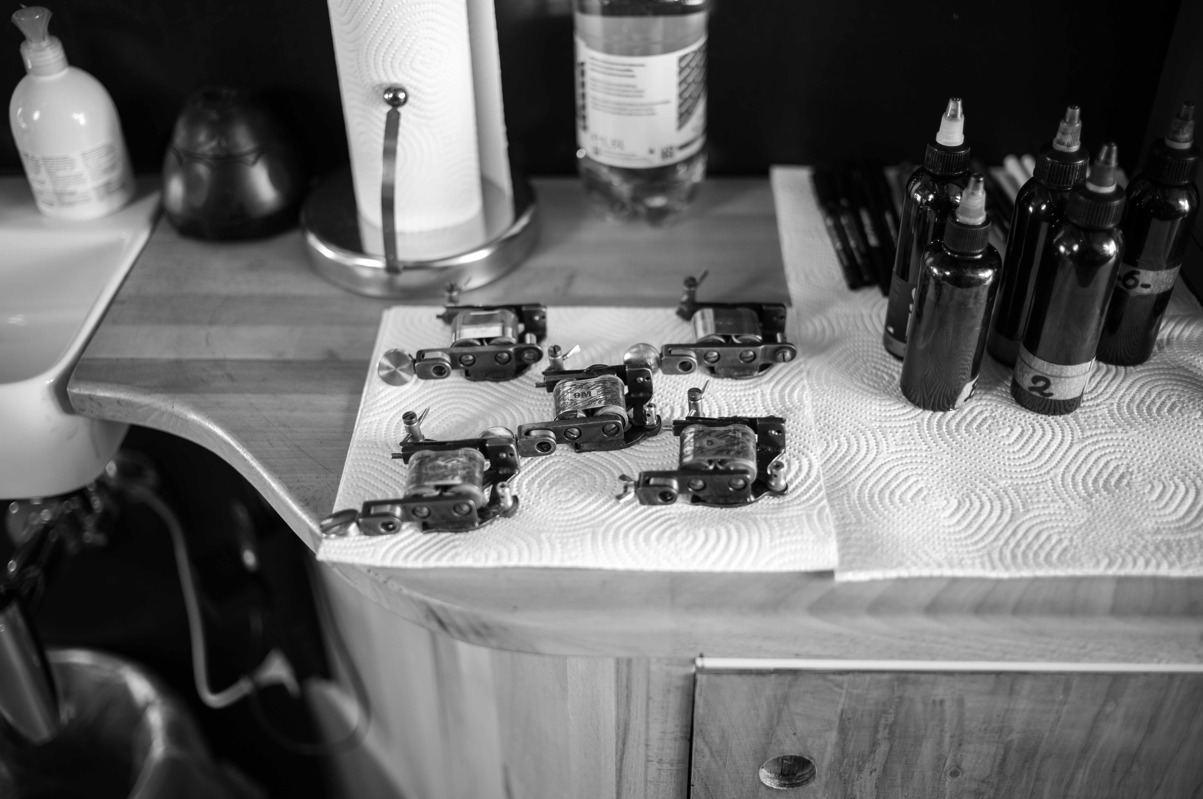 Here are some tattoo supplies and tools that have already been disinfected and prepared for Filip Leu's next tattoo session
