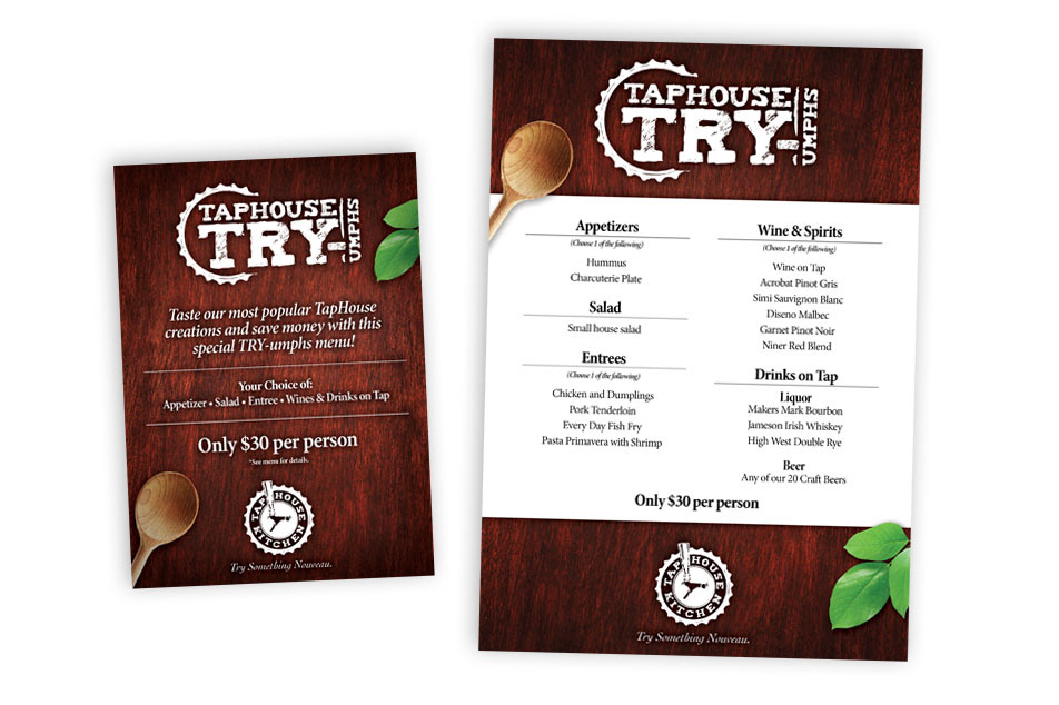 The Tap House TRY-Umphs tent card & menu