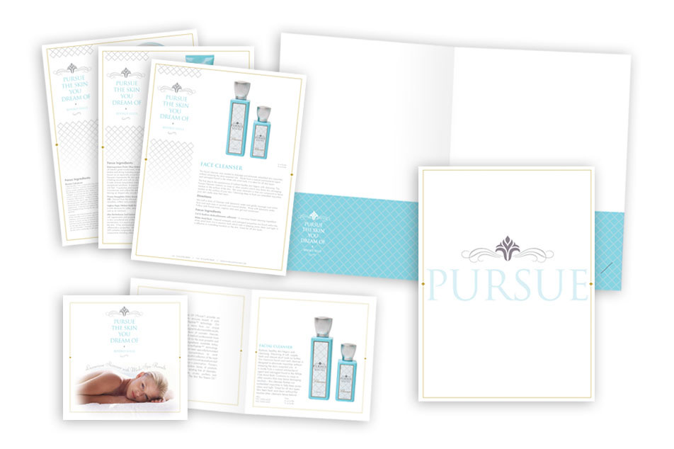 Pursue Cosmetics pocket folder, sell sheets & brochure