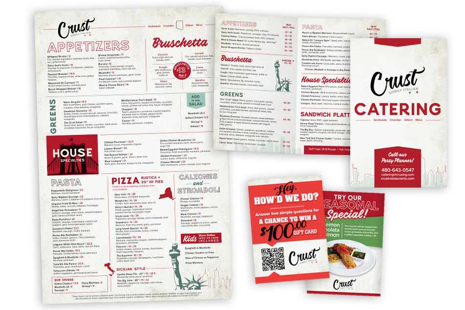 Crust Simply Italian main menu, catering menu & table tents