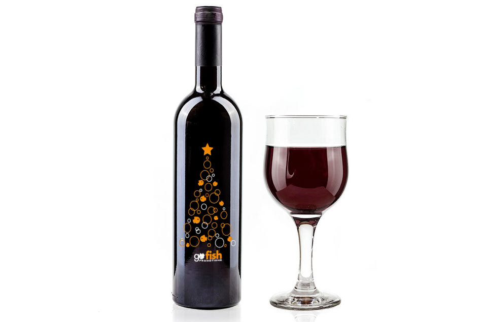 GoFish Promotions glass etched holiday wine bottle label