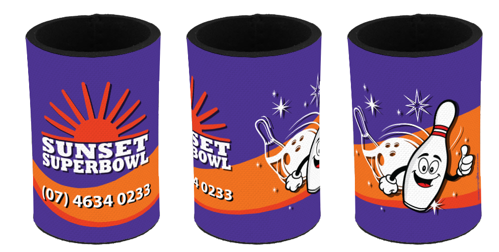 Sunset Superbowl stubby cooler design. Original pin & background design.