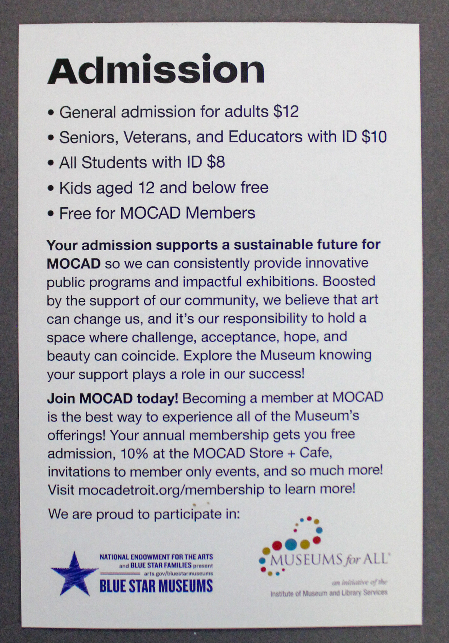 Admission Postcard Back