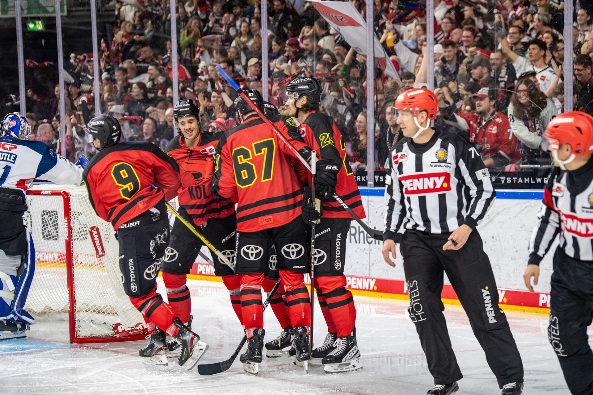 Koelner Haie beim Torjubel; DEL Kölner Haie - Nürnberg Ice Tigers, 17.12.2023
