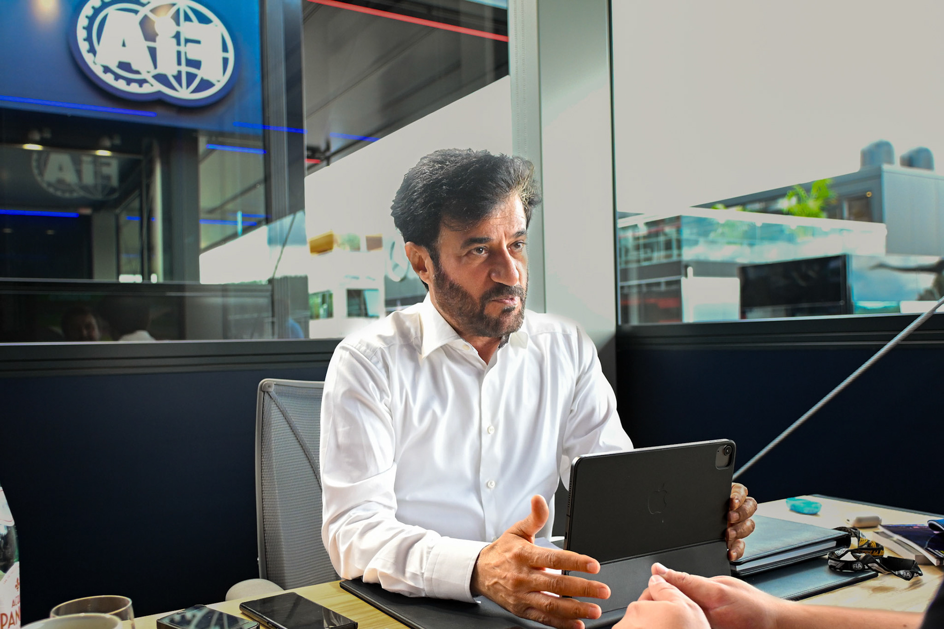 Mohammed bin Sulayem im Interview mit Christian Nimmervoll; Formel 1 GP Spa Francorchamps/ Belgien. Samstag, 29.07.2023