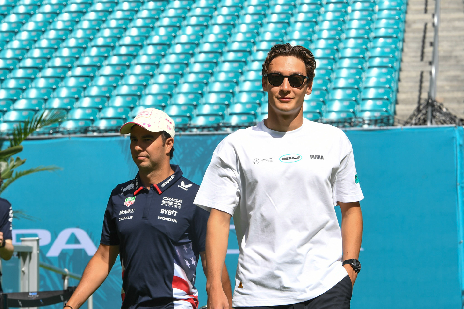 George Russell #63, Mercedes-AMG Petronas F1 Team, Sergio Perez #11, Oracle Red Bull Racing; Formel 1 GP Miami / USA. 04.05.2024