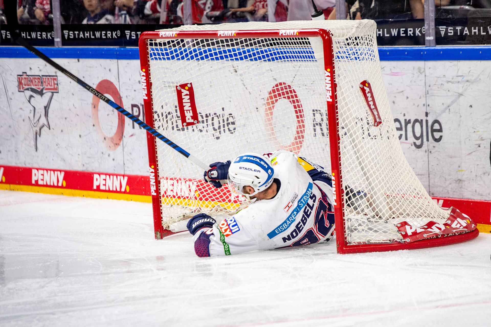 Marcel Noebels fliegt ins Tor; DEL Kölner Haie - Eisbaeren Berlin, 06.10.2023