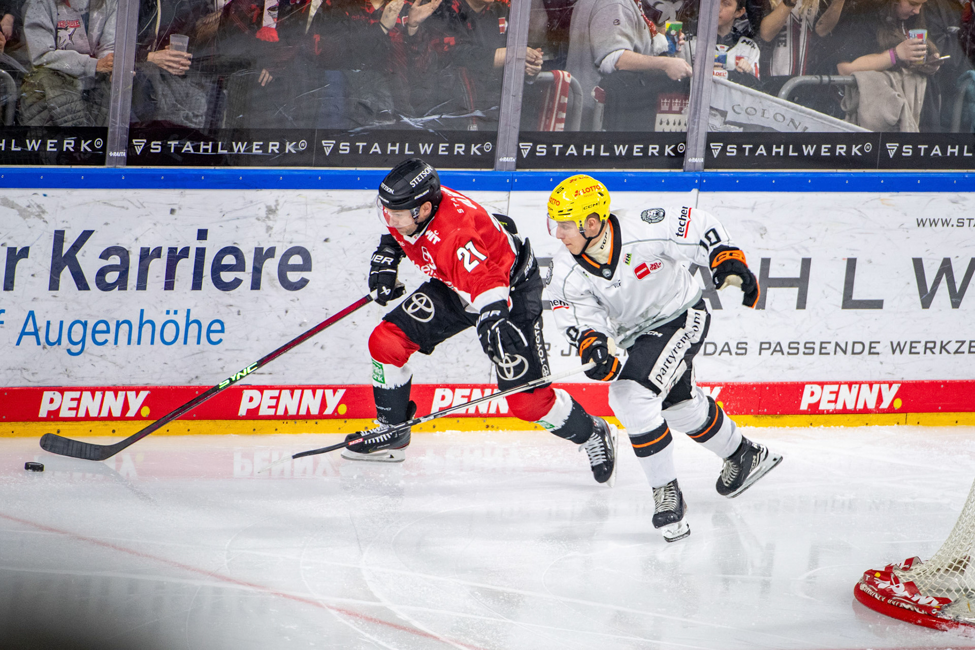 Marc Olver im Zweikampf mit Simon Gnyp; DEL Kölner Haie - Frankfurter Löwen, 16.02.2024