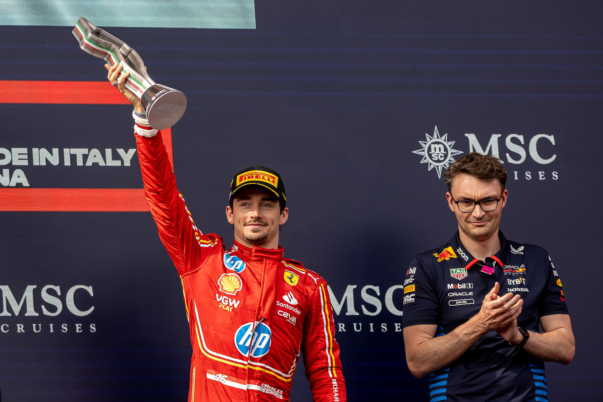 Charles Leclerc #16, Scuderia Ferrari auf dem Podium.; F1 GP Imola / Italien Sonntag, 19.05.2024