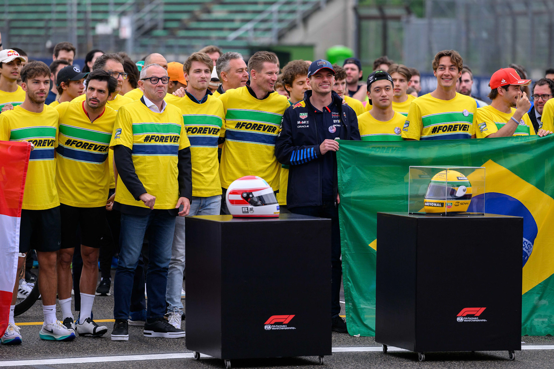 Pierre Gasly #10, BWT Alpine F1 Team, Carlos Sainz #55, Scuderia Ferrari, Nico Hülkenberg #27, MoneyGram Haas F1 Team, Max Verstappen #1, Oracle Red Bull Racing, Nico Hülkenberg #27, MoneyGram Haas F1 Team, George Russell #63, Mercedes-AMG Petronas F1 Team, Charles Leclerc #16, Scuderia Ferrari, Stefano Domenicali #forever; F1 GP Imola / Italien Donnerstag, 16.05.2024