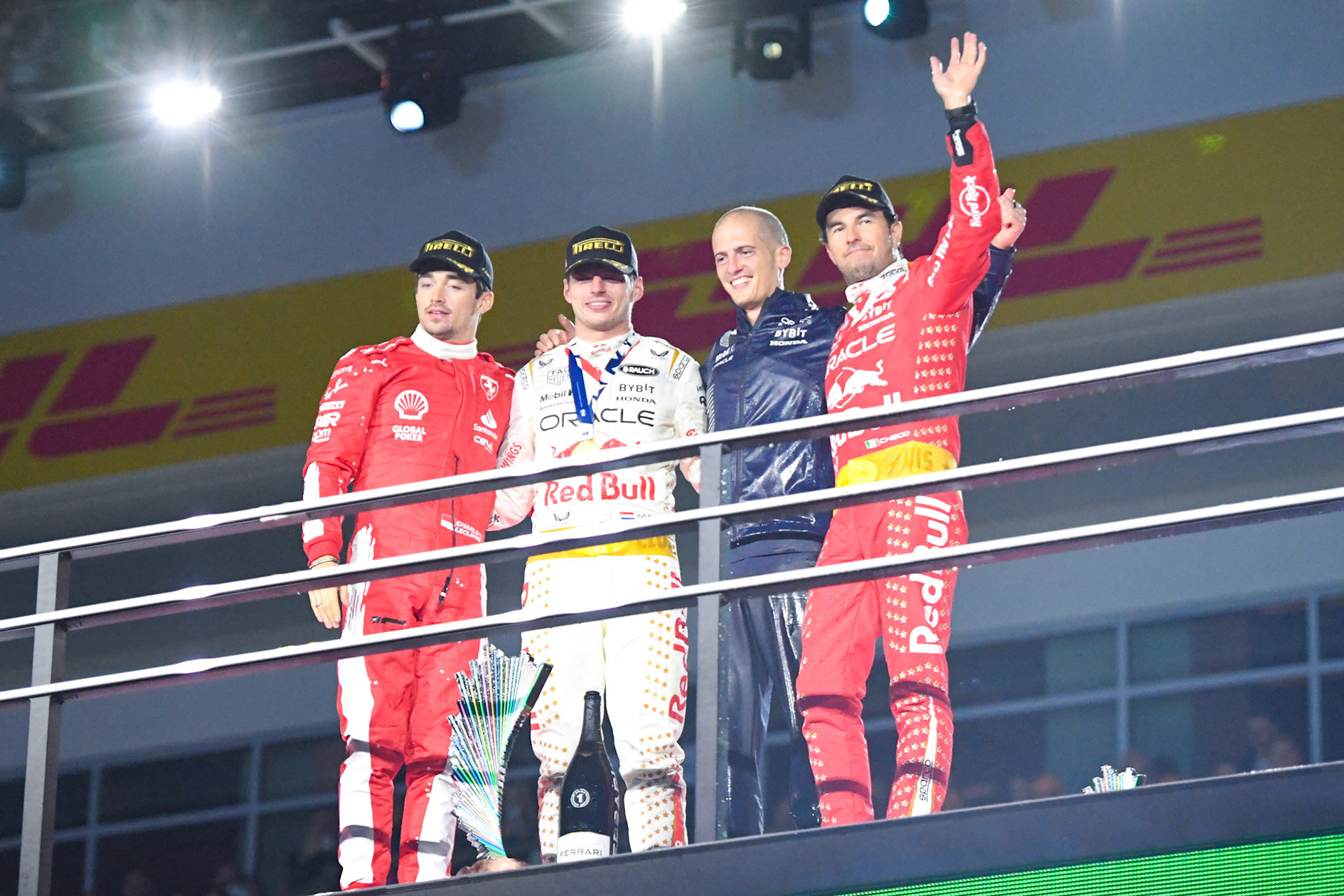 Max Verstappen, Charles Leclerc und Sergio Perez auf dem Podium;Formel 1 GP USA Las Vegas. Sonntag 19.11.2023