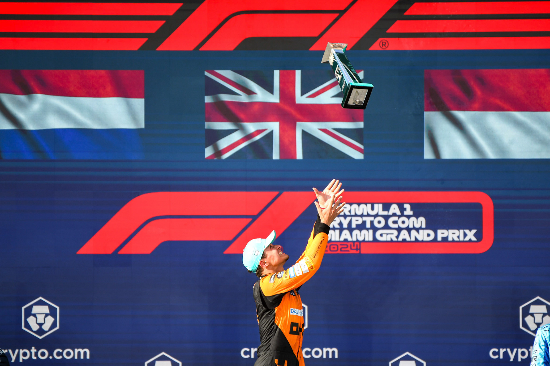 Lando Norris #4, McLaren Formula 1 Team auf dem Podium; Formel 1 GP Miami / USA. 05.05.2024