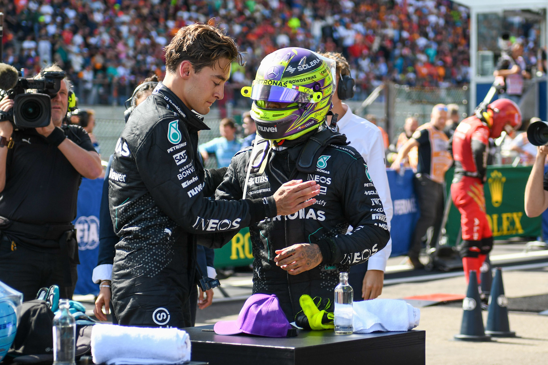 George Russell #63, Mercedes-AMG Petronas F1 Team und Lewis Hamilton #44, Mercedes-AMG Petronas F1 Team;Formel 1 GP Spa / Belgien. Sonntag, 28.07.2024