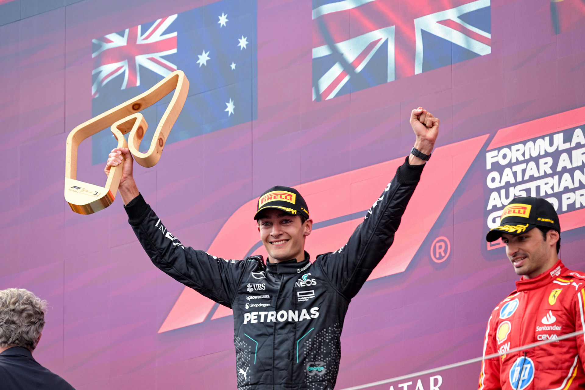 George Russell #63, Mercedes-AMG Petronas F1 Team auf dem Podium.;Formel 1 GP Austria / Österreich. Sonntag, 30.06.2024