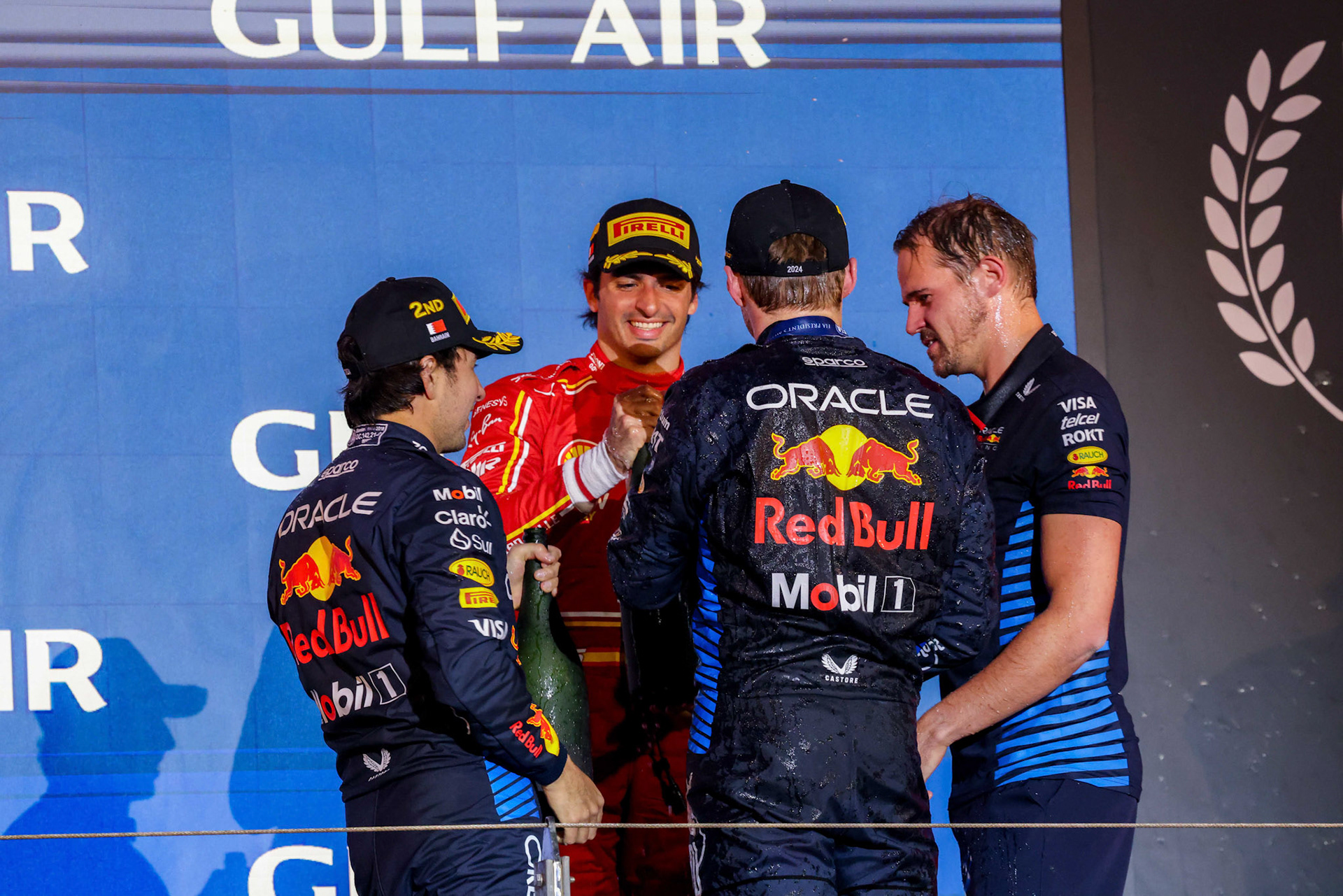 Podium in Bahrian mit: Sergio Perez #11, Oracle Red Bull Racing, Max Verstappen #1, Oracle Red Bull Racing, Carlos Sainz #55, Scuderia Ferrari; Formel 1 GP Bahrain. Samstag 02.03.2024