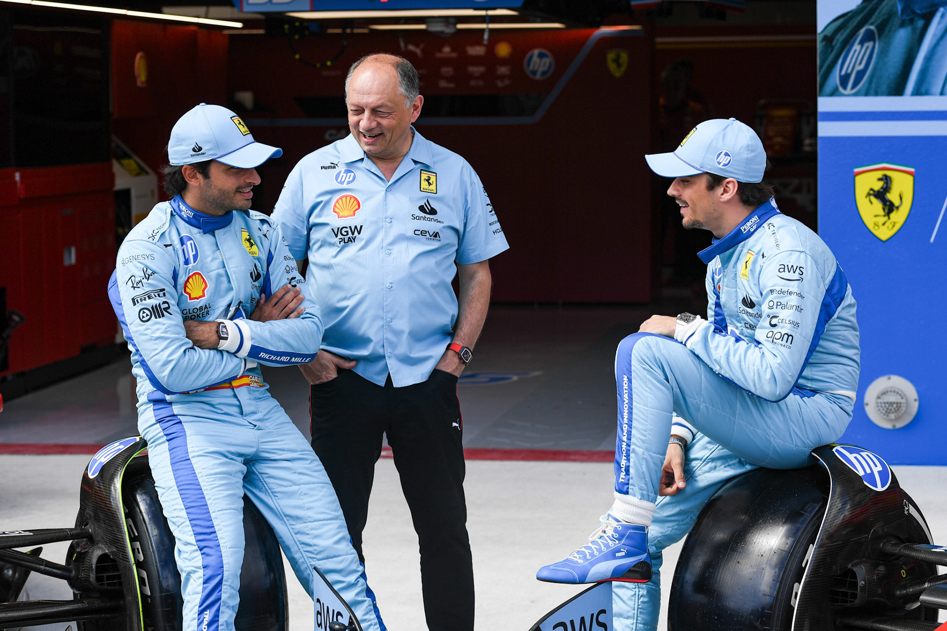 Charles Leclerc #16, Scuderia Ferrari, Carlos Sainz #55, Scuderia Ferrari, Frederic Vasseur, Scuderia Ferrari; Formel 1 GP Miami / USA. 04.05.2024