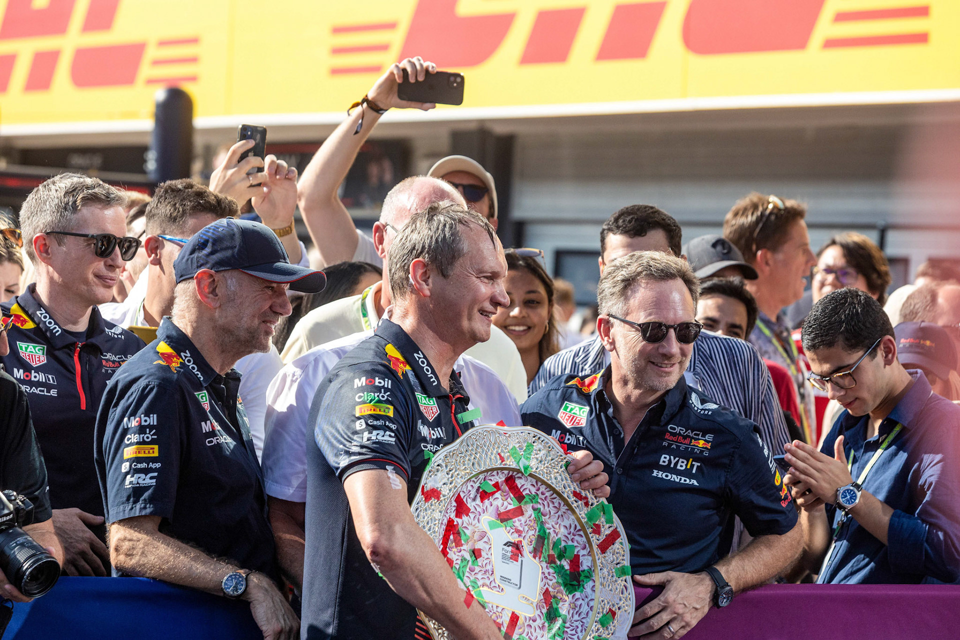 Adrian Newey, Paul Monaghan und Christian Horner, Red Bull Racing; Formel 1 GP Budapest / Ungarn. Sonntag, 23.07.2023