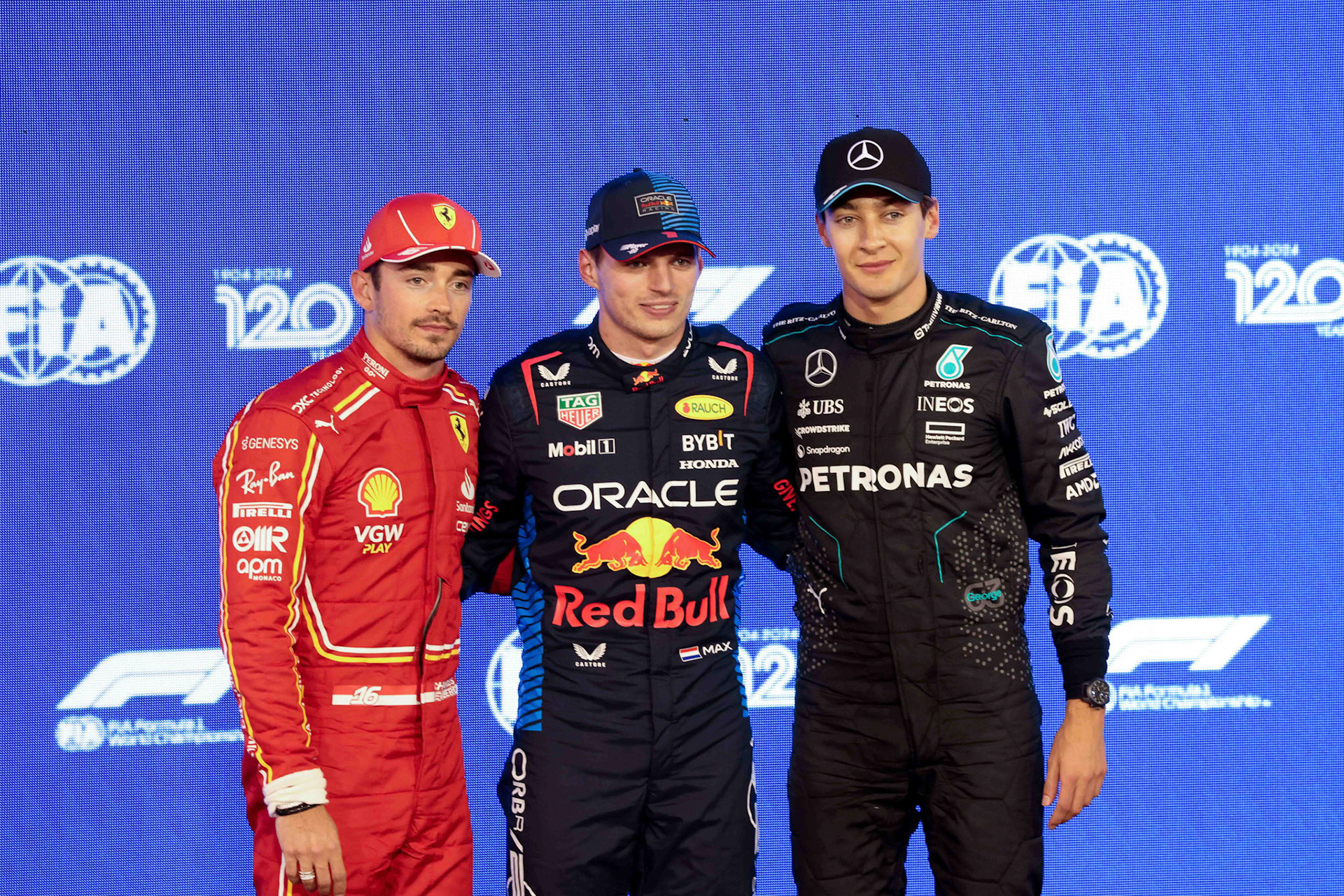 Charles Leclerc #16, Scuderia Ferrari, Max Verstappen #1, Oracle Red Bull Racing, George Russell #63, Mercedes-AMG Petronas F1 Team; Formel 1 GP Bahrain. Freitag 01.03.2024