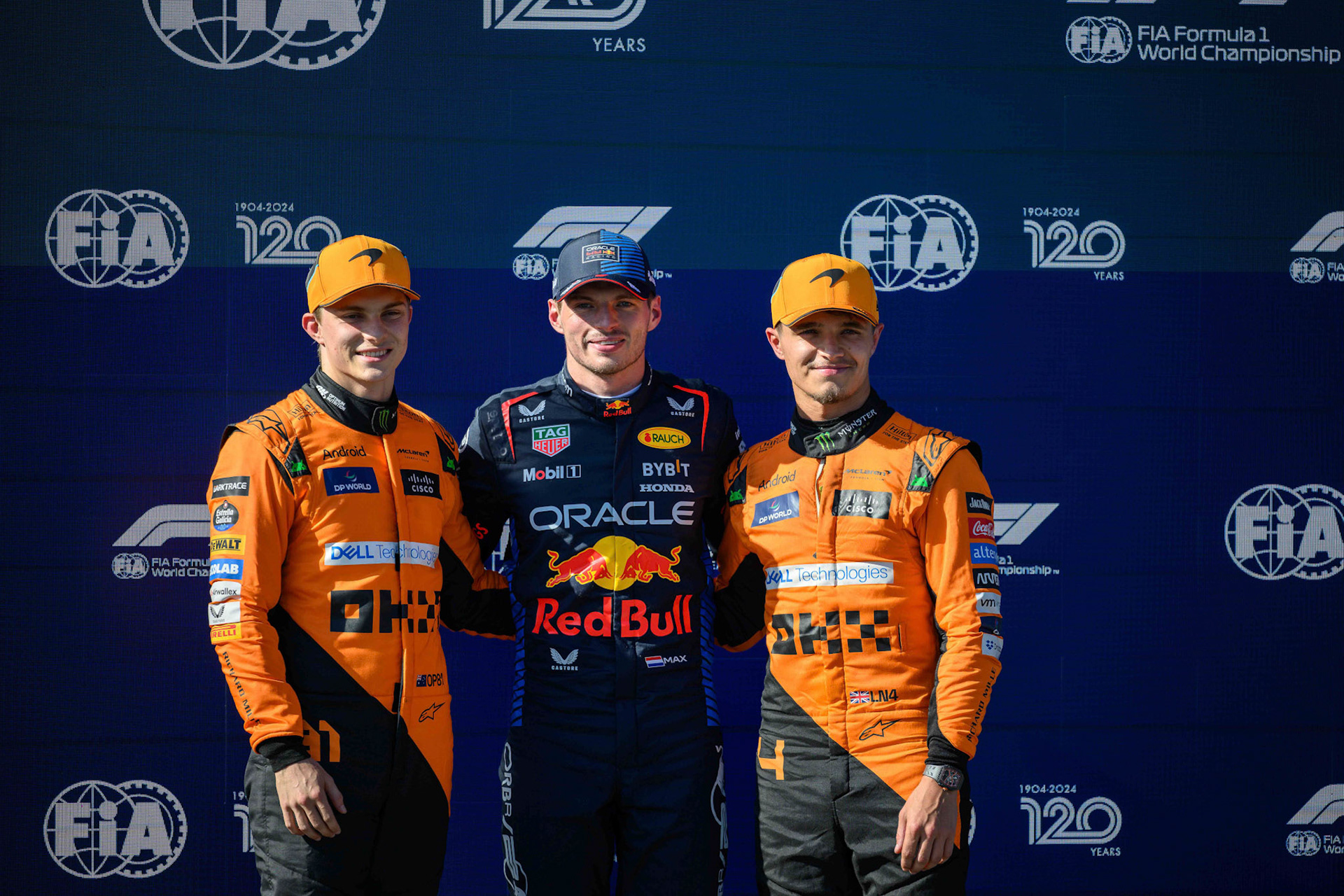 Oscar Piastri #81, McLaren Formula 1 Team und Max Verstappen #1, Oracle Red Bull Racing und Lando Norris #4, McLaren Formula 1 Team; F1 GP Imola / Italien Samstag, 18.05.2024