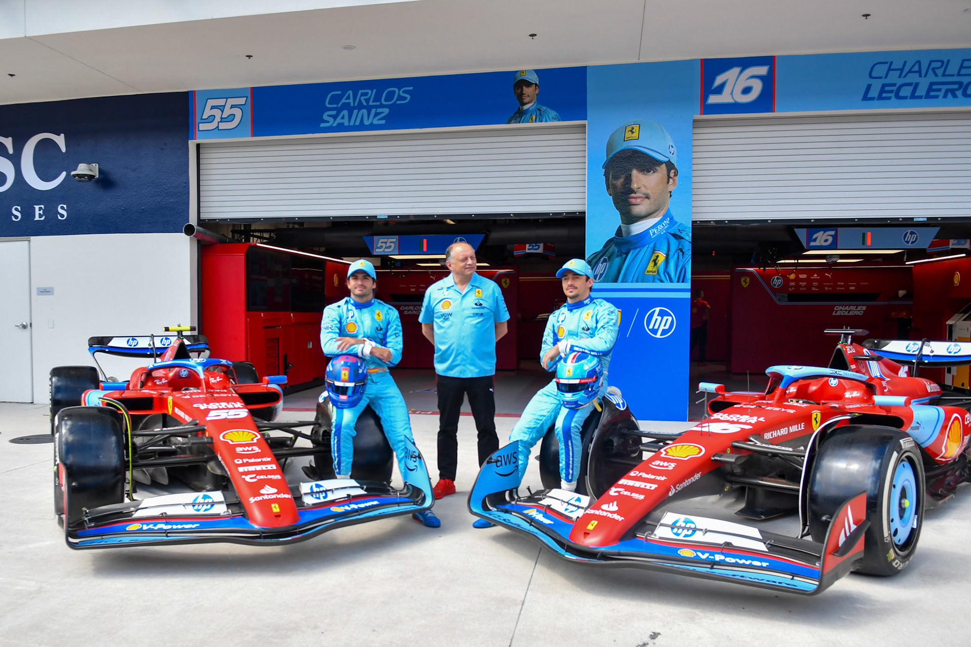 Charles Leclerc #16, Scuderia Ferrari, Carlos Sainz #55, Scuderia Ferrari, Frederic Vasseur; Formel 1 GP Miami / USA. 04.05.2024