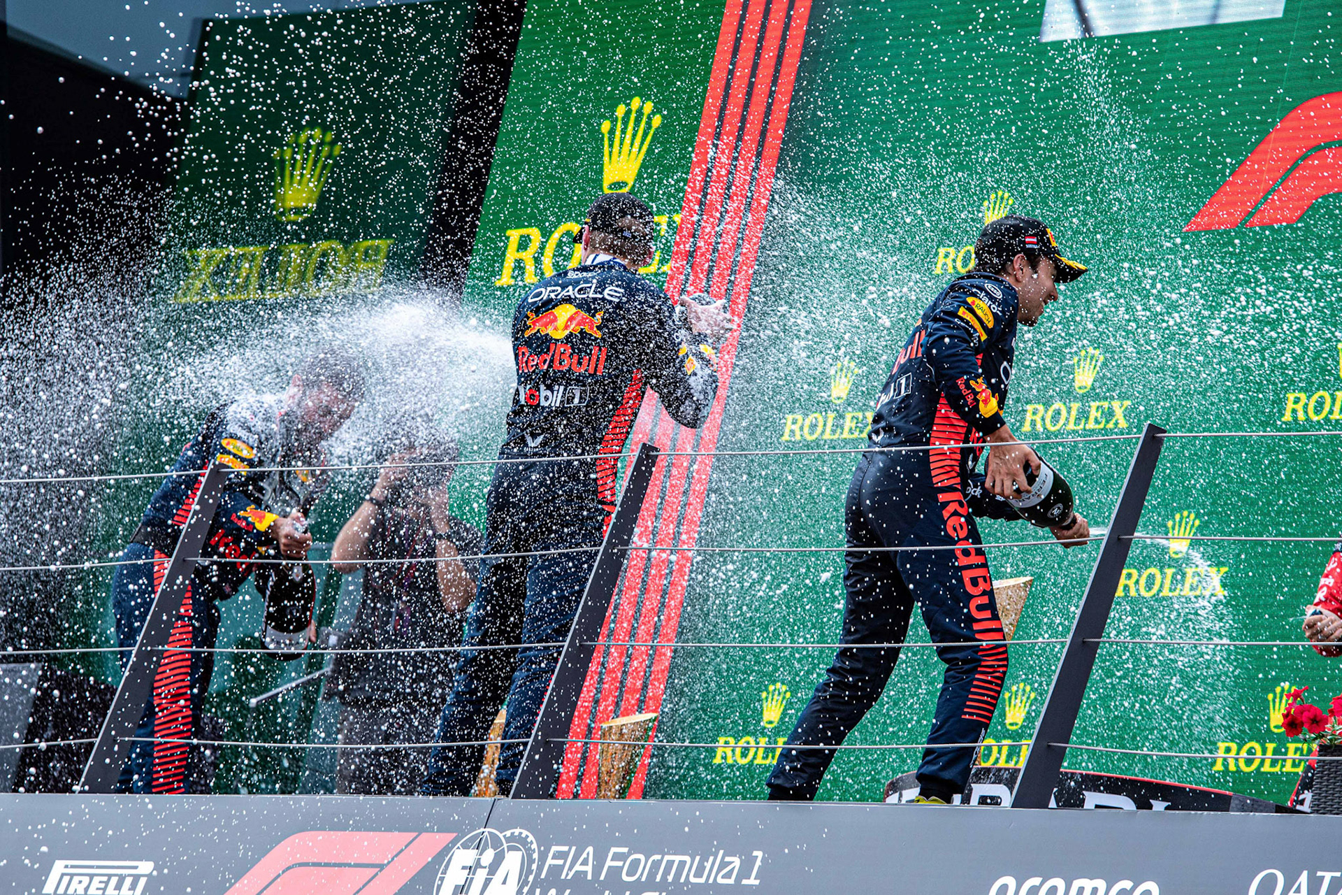 Podium in. Österreich mit Max Verstappen, Sergio Perez und Chales Leclerc; Formel 1 GP Austria / Österreich. Sonntag, 02.07.2023