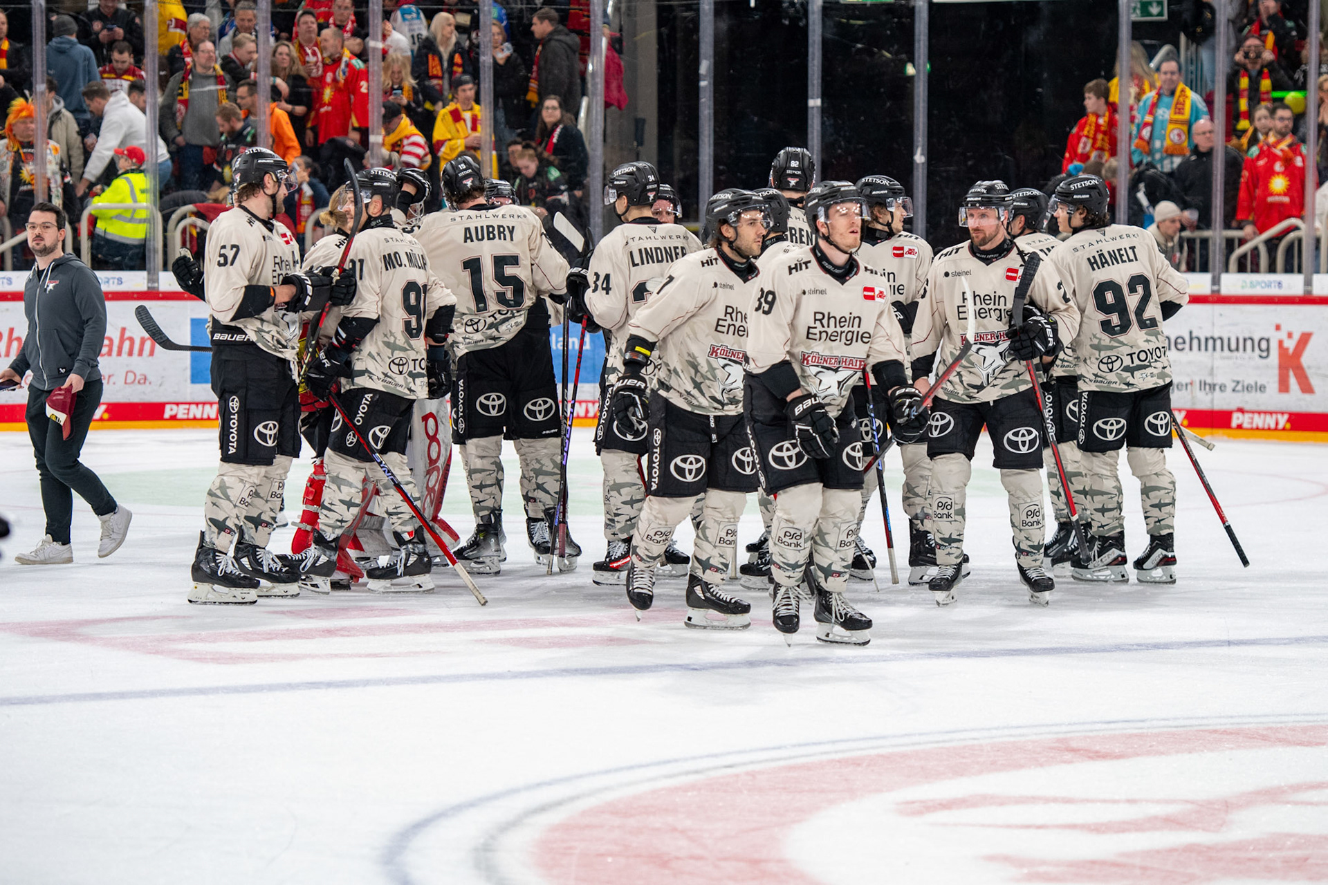 Kölner Haie feiern den Sieg im Revierderby gegen die Düsseldorfer EG; DEL Düsseldorfer EG - Kölner Haie, 25.02.2024