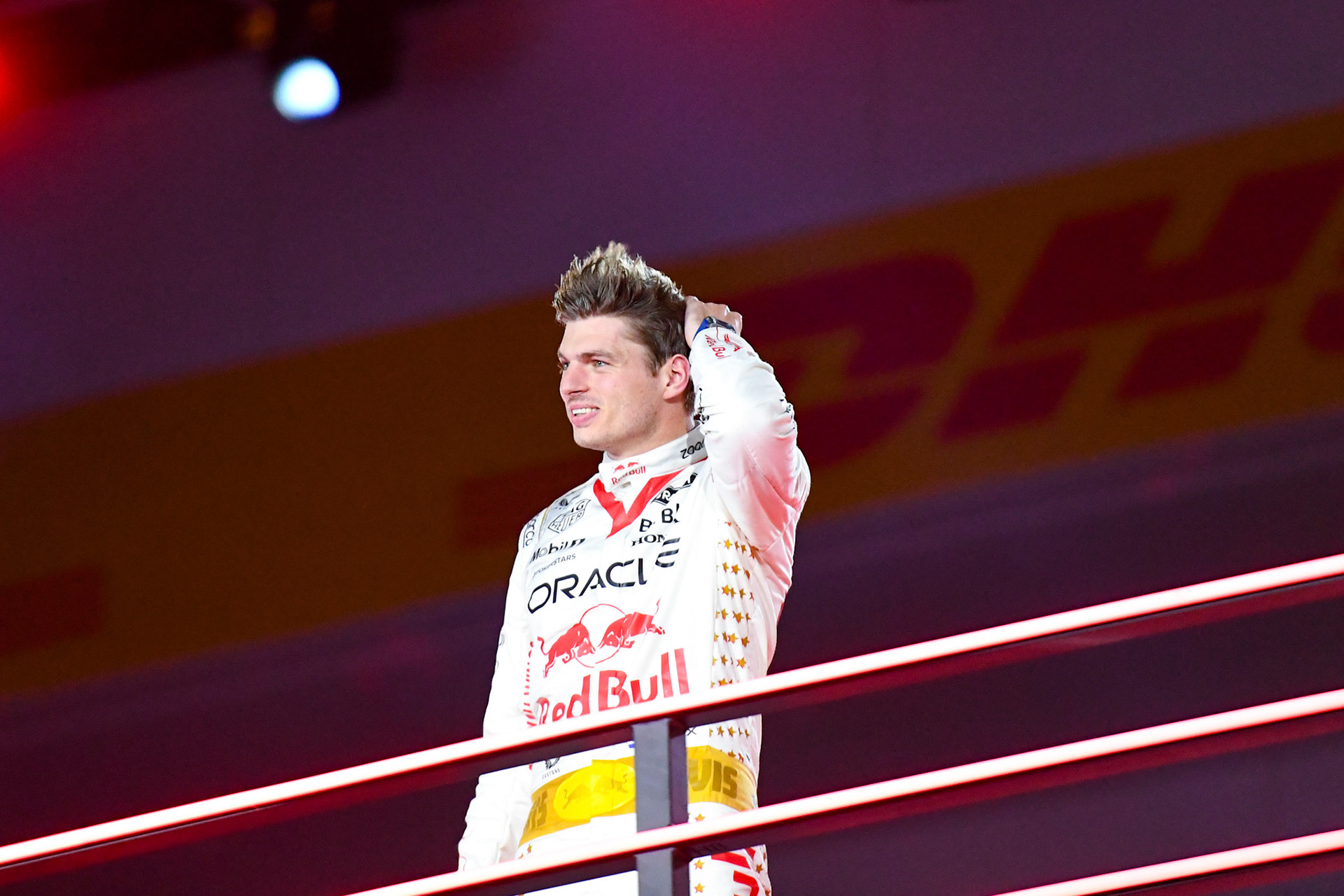 Max Verstappen (NED) Red Bull Racing auf dem Podium;Formel 1 GP USA Las Vegas. Sonntag 19.11.2023