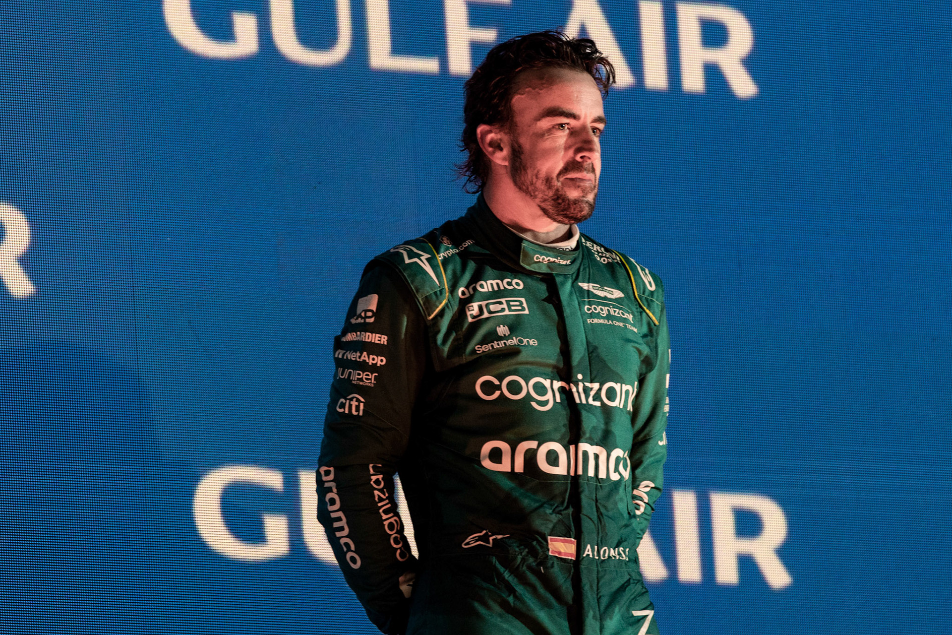 Fernando Alonso (ESP) Aston Martin Formula One Team on Podium; Formel 1 GP Bahrain. Sonntag 05.03.2023
