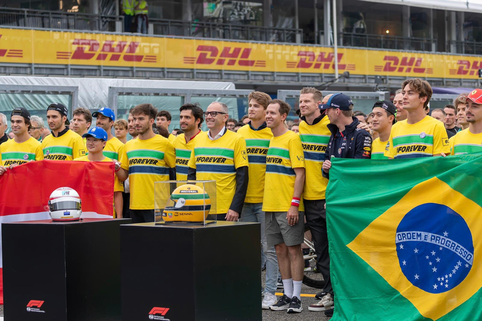 Lance Stroll #18, Aston Martin Aramco F1 Team, Esteban Ocon #31, BWT Alpine F1 Team, Yuki Tsunoda #22, Visa Cash App RB Formula One Team, Pierre Gasly #10, BWT Alpine F1 Team, Carlos Sainz #55, Scuderia Ferrari, Stefano Domenicali, Logan Sargeant #2, Williams Racing, Sebastian Vettel, Nico Hülkenberg #27, MoneyGram Haas F1 Team, Max Verstappen #1, Oracle Red Bull Racing, Nico Hülkenberg #27, MoneyGram Haas F1 Team, George Russell #63, Mercedes-AMG Petronas F1 Team, Charles Leclerc #16, Scuderia Ferrar; F1 GP Imola / Italien Donnerstag, 16.05.2024