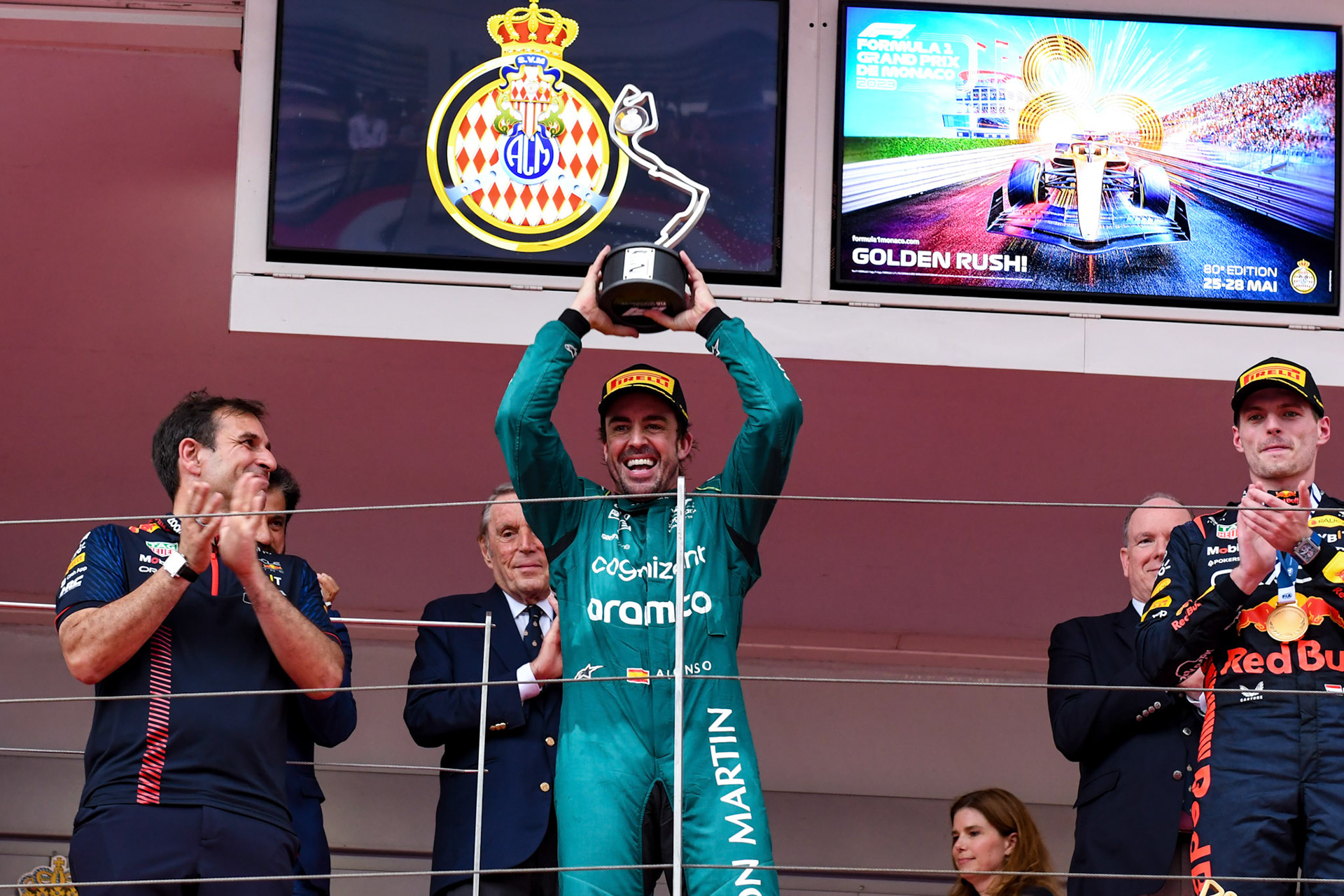 Fernando Alonso (ESP) Aston Martin Formula One Team auf dem Podium; Formel 1 GP Monaco. Sonntag 28.05.2023