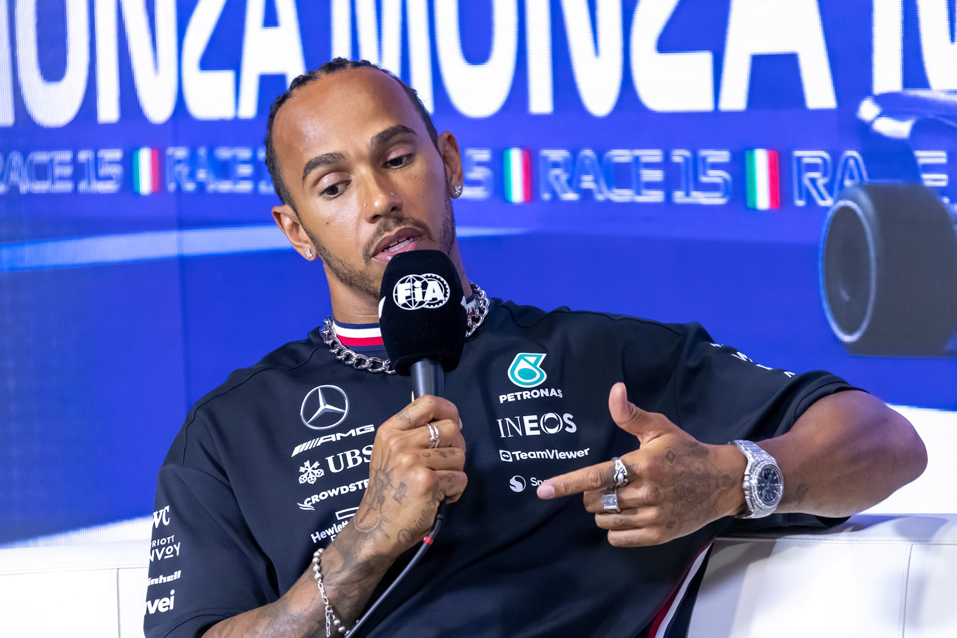 Lewis Hamilton (GBR) Mercedes AMG F1 Team; Formel 1 GP Italien / Monza. Donnerstag, 31.08.2023