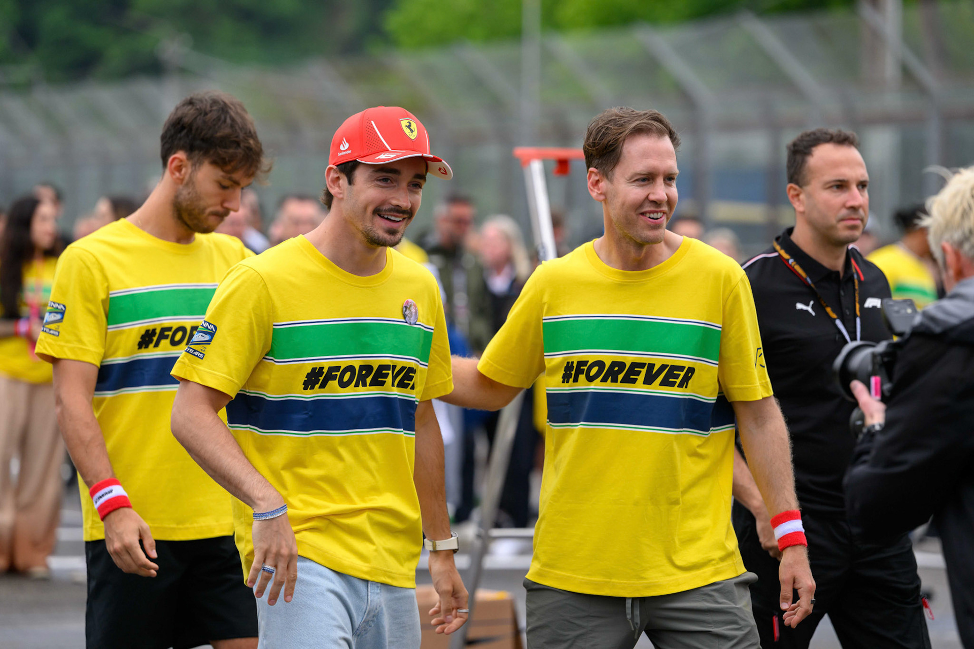 Pierre Gasly #10, BWT Alpine F1 Team, Charles Leclerc #16, Scuderia Ferrari, Sebastian Vettel; F1 GP Imola / Italien Donnerstag, 16.05.2024