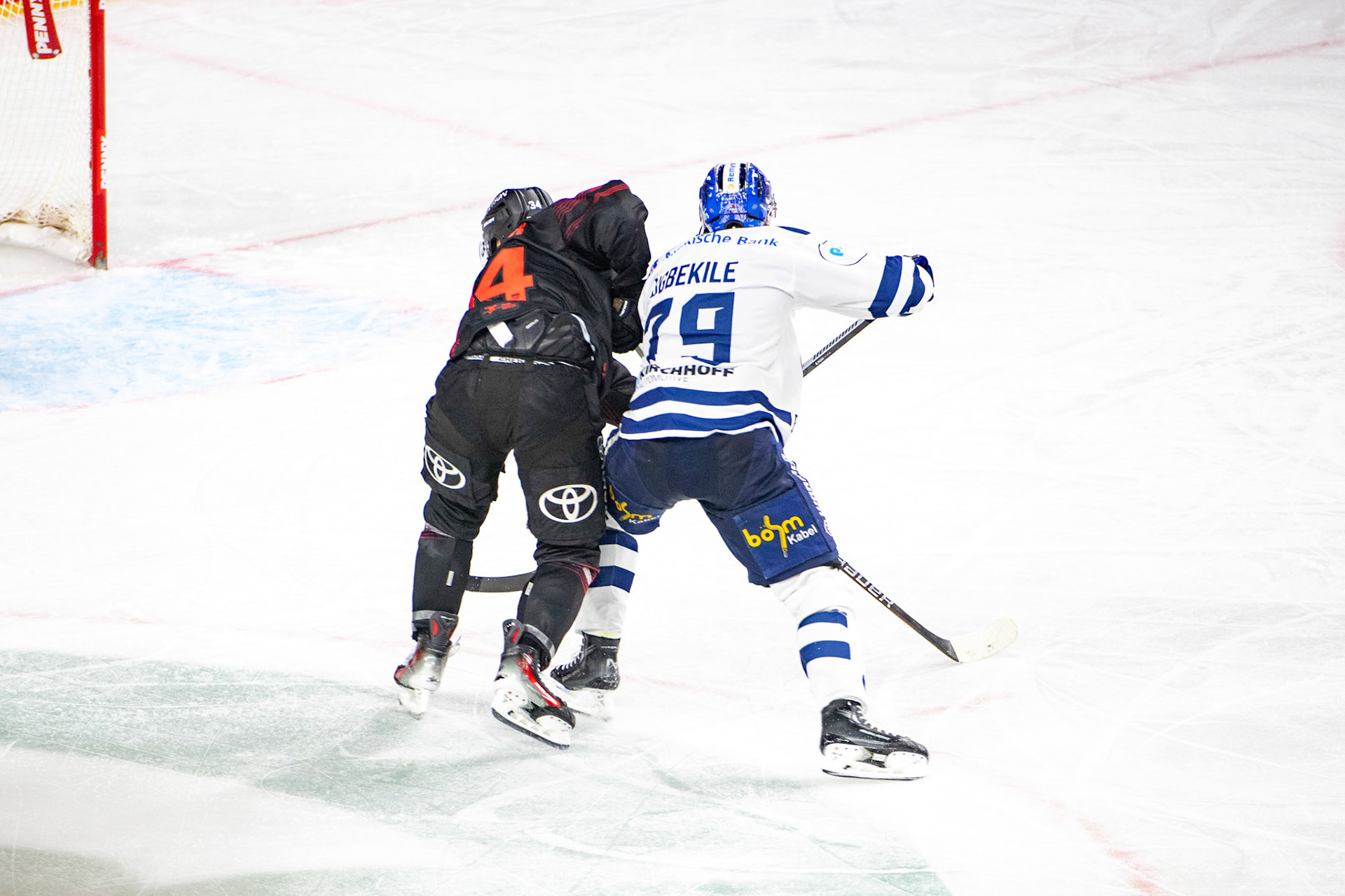 Elias Lindner im Zweikampf mit Colin Ugbekile; DEL Kölner Haie - Iserlohn Roosters, 02.01.2024