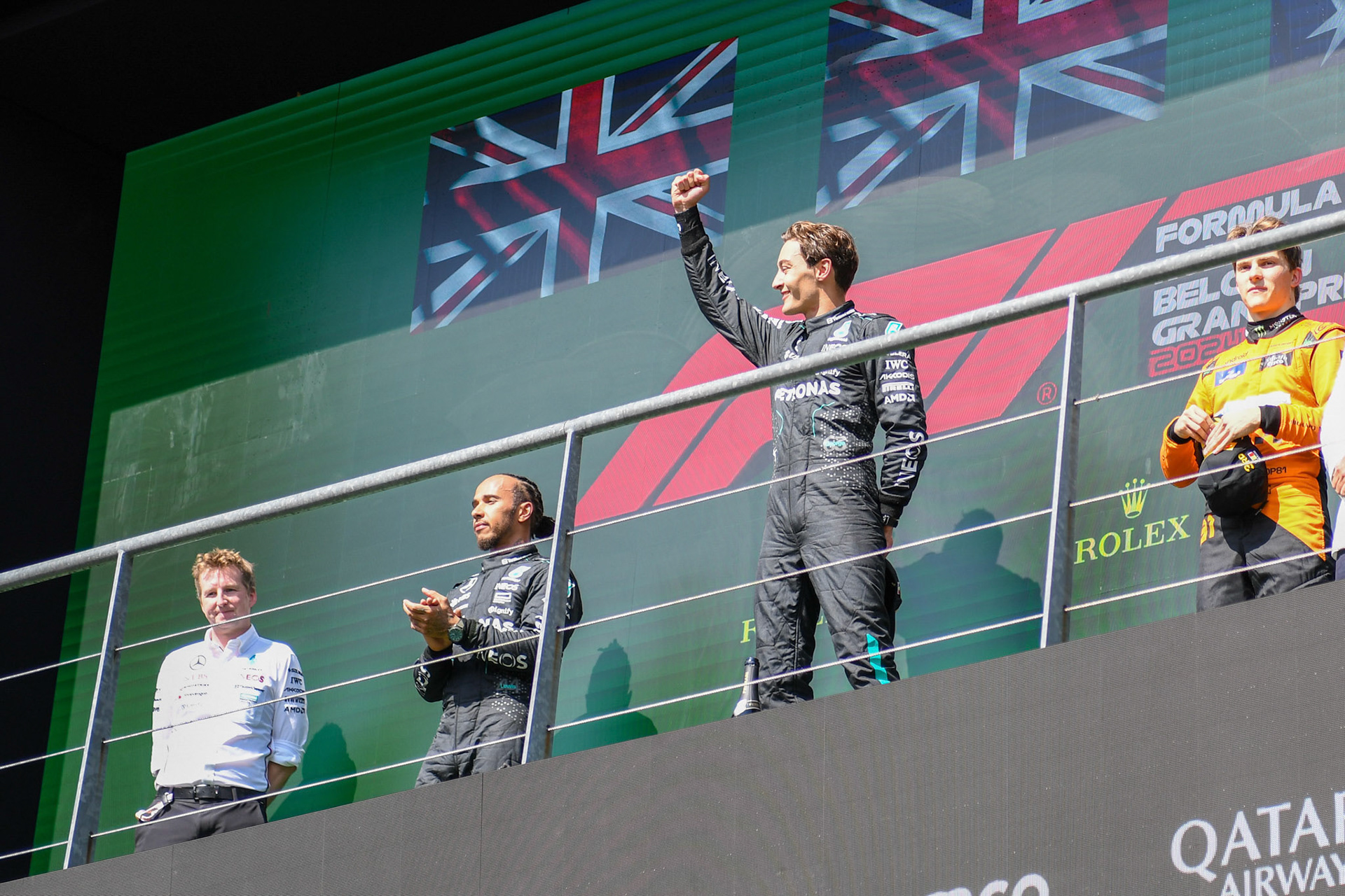 George Russell #63, Mercedes-AMG Petronas F1 Team auf dem Podium.;Formel 1 GP Spa / Belgien. Sonntag, 28.07.2024