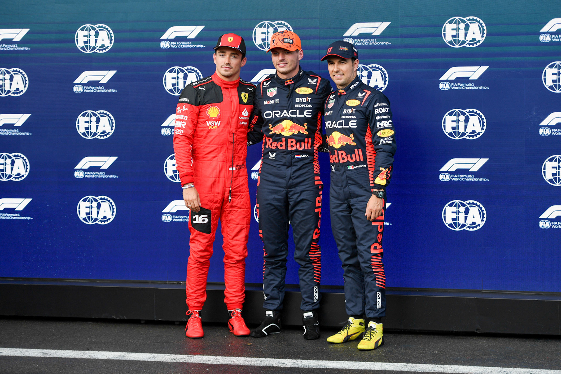 Podium in Spa mit Max Verstappen, Charles Leclerc und Sergio Perez; Formel 1 GP Spa Francorchamps/ Belgien. Freitag, 28.07.2023