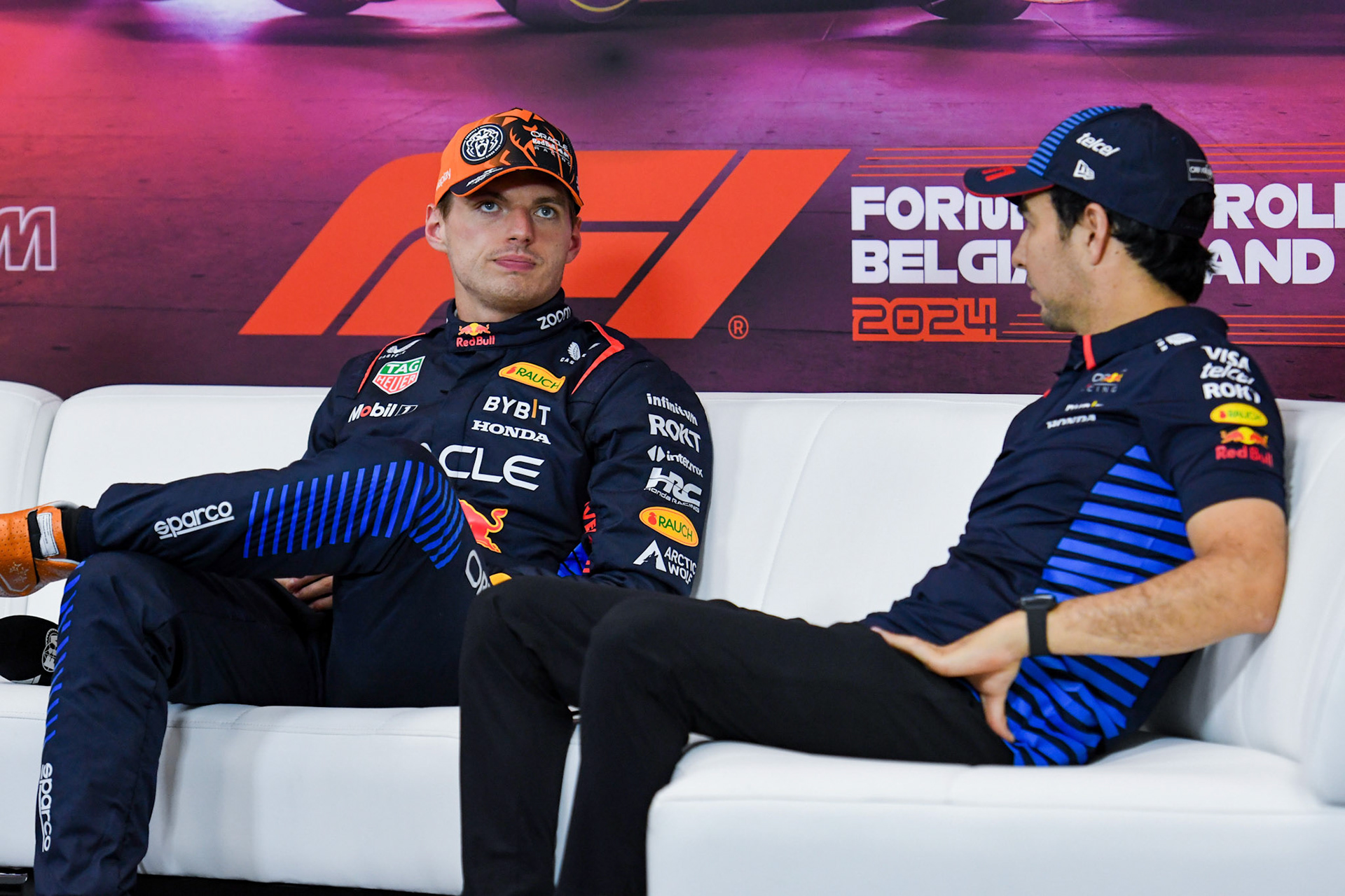 Max Verstappen #1, Oracle Red Bull Racing und Sergio Perez #11, Oracle Red Bull Racing in der Pressekonferenz;Formel 1 GP Spa / Belgien. Samstag, 27.07.2024