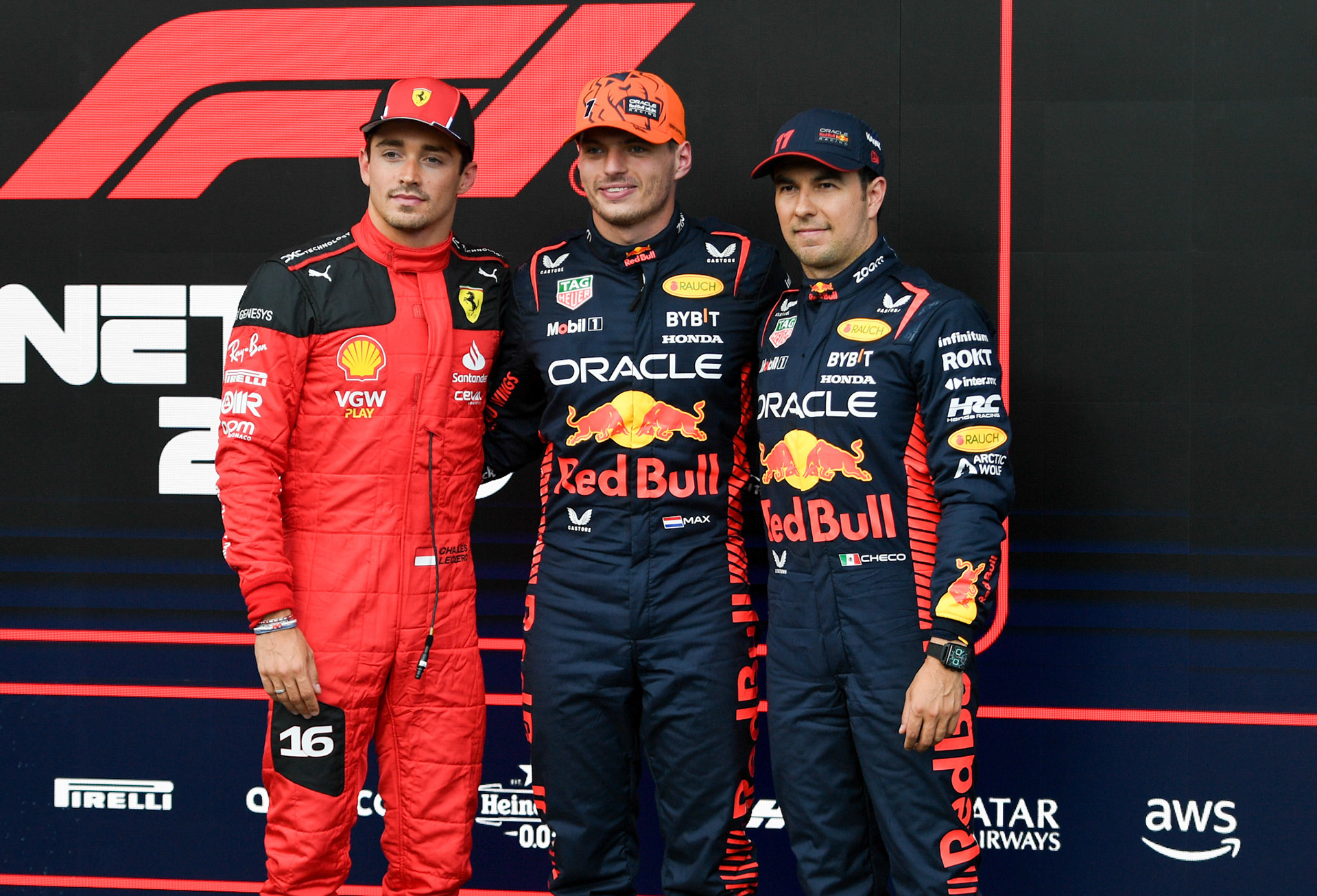 Podium in Spa mit Max Verstappen, Charles Leclerc und Sergio Perez; Formel 1 GP Spa Francorchamps/ Belgien. Freitag, 28.07.2023
