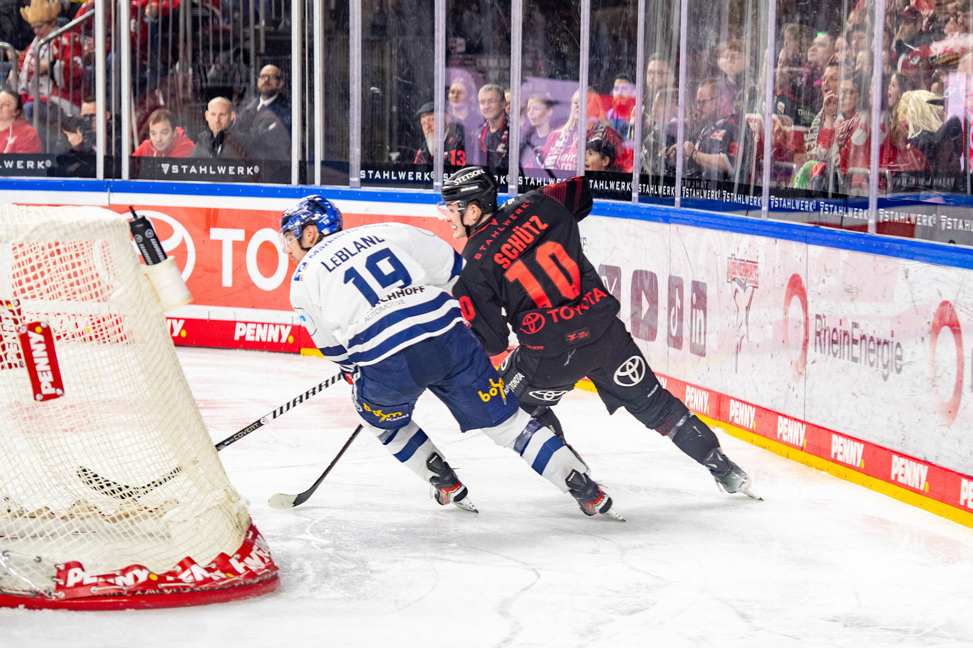Drew Leblanc im Zweikampf mit Justin Schütz; DEL Kölner Haie - Iserlohn Roosters, 13.02.2024