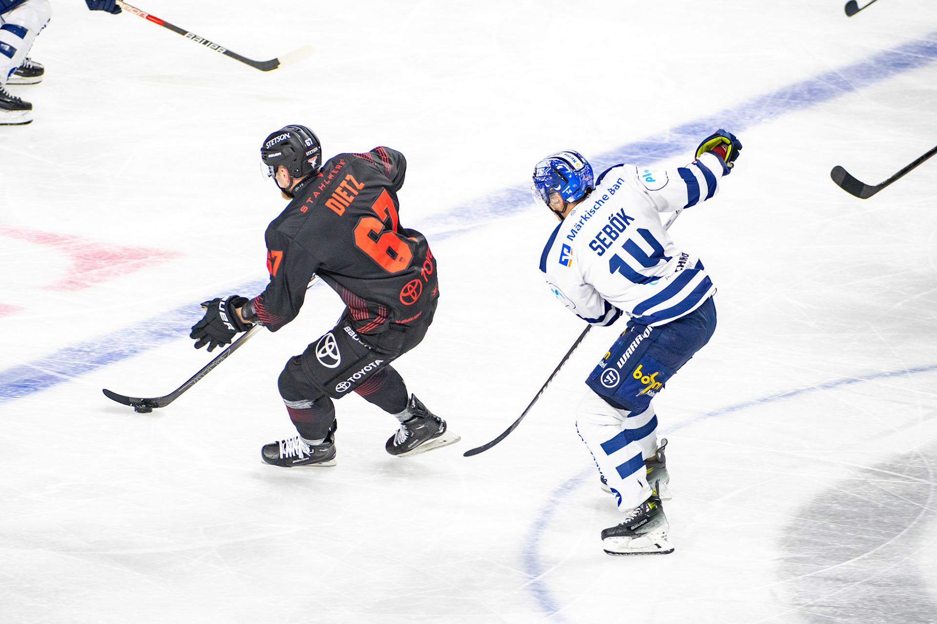 Stanislav Dietz im Zweikampf mit Balazs Seboek; DEL Kölner Haie - Iserlohn Roosters, 02.01.2024