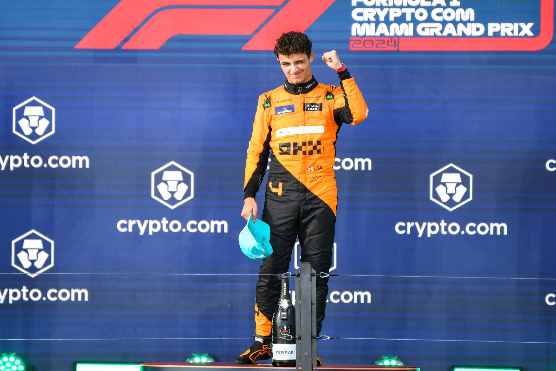 Lando Norris #4, McLaren Formula 1 Team auf dem Podium; Formel 1 GP Miami / USA. 05.05.2024