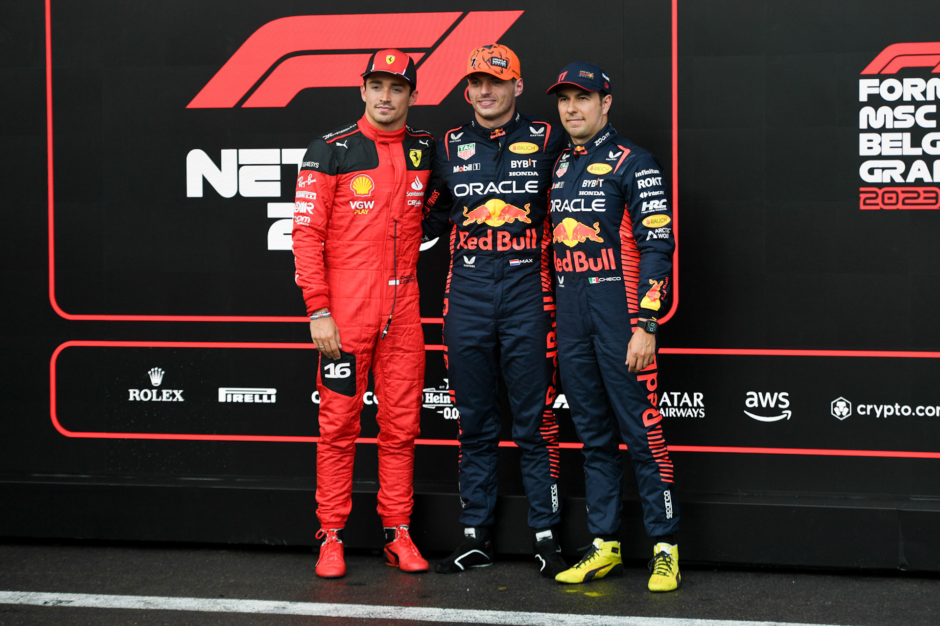 Podium in Spa mit Max Verstappen, Charles Leclerc und Sergio Perez; Formel 1 GP Spa Francorchamps/ Belgien. Freitag, 28.07.2023