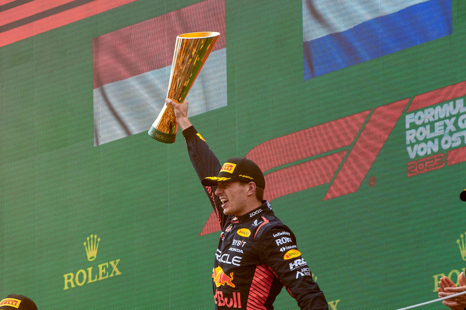 Podium in. Österreich mit Max Verstappen, Sergio Perez und Chales Leclerc; Formel 1 GP Austria / Österreich. Sonntag, 02.07.2023