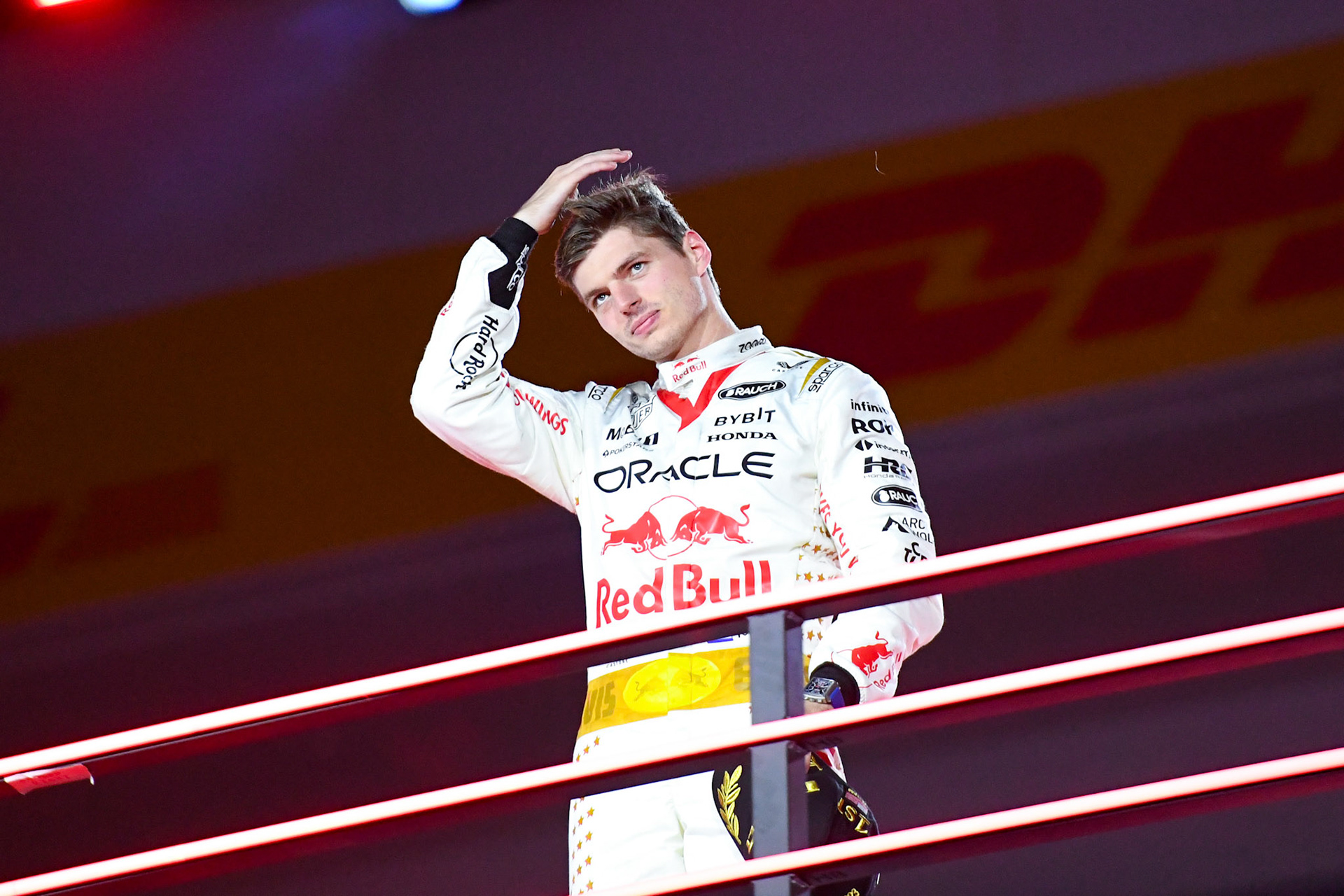 Max Verstappen (NED) Red Bull Racing auf dem Podium;Formel 1 GP USA Las Vegas. Sonntag 19.11.2023