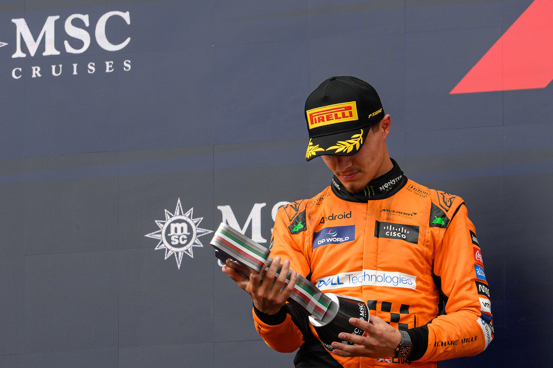 Lando Norris #4, McLaren Formula 1 Team auf dem Podium.; F1 GP Imola / Italien Sonntag, 19.05.2024