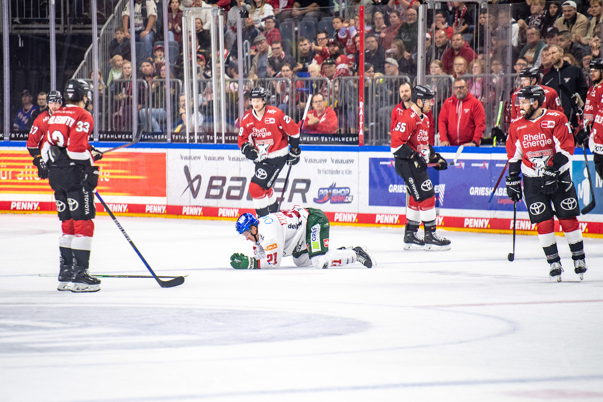 Jere Karjalainen am Boden; DEL Kölner Haie - Augsburger Panther, 03.10.2023
