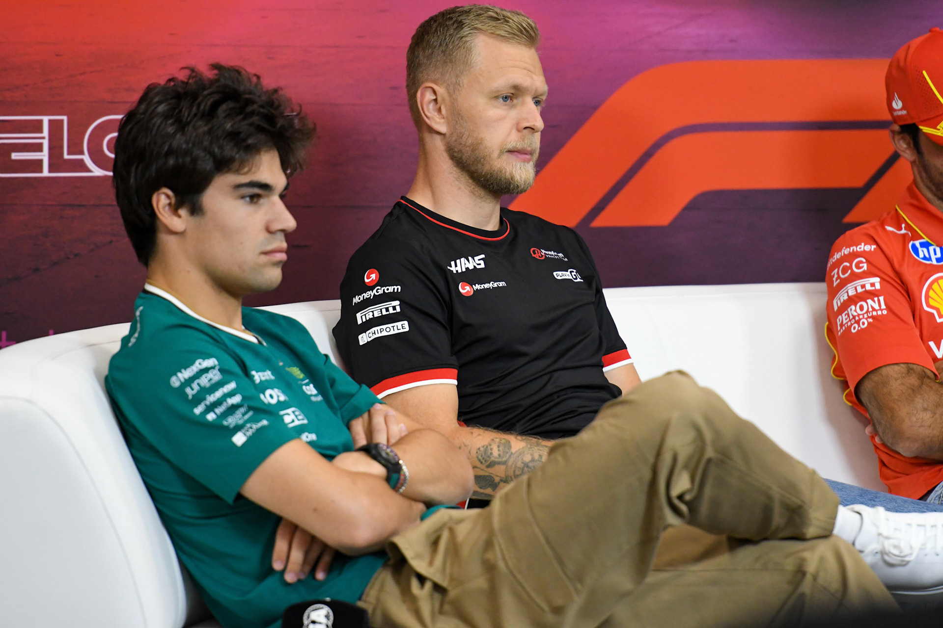 Lance Stroll #18, Aston Martin Aramco F1 Team und Kevin Magnussen #20, MoneyGram Haas F1 Team in der Pressekonferenz;Formel 1 GP Spa / Belgien. Donnerstag, 25.07.2024