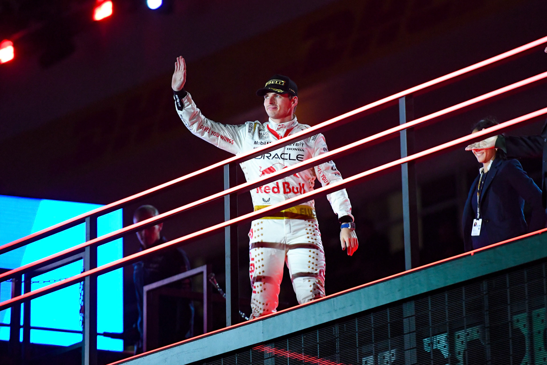 Max Verstappen (NED) Red Bull Racing auf dem Podium;Formel 1 GP USA Las Vegas. Sonntag 19.11.2023