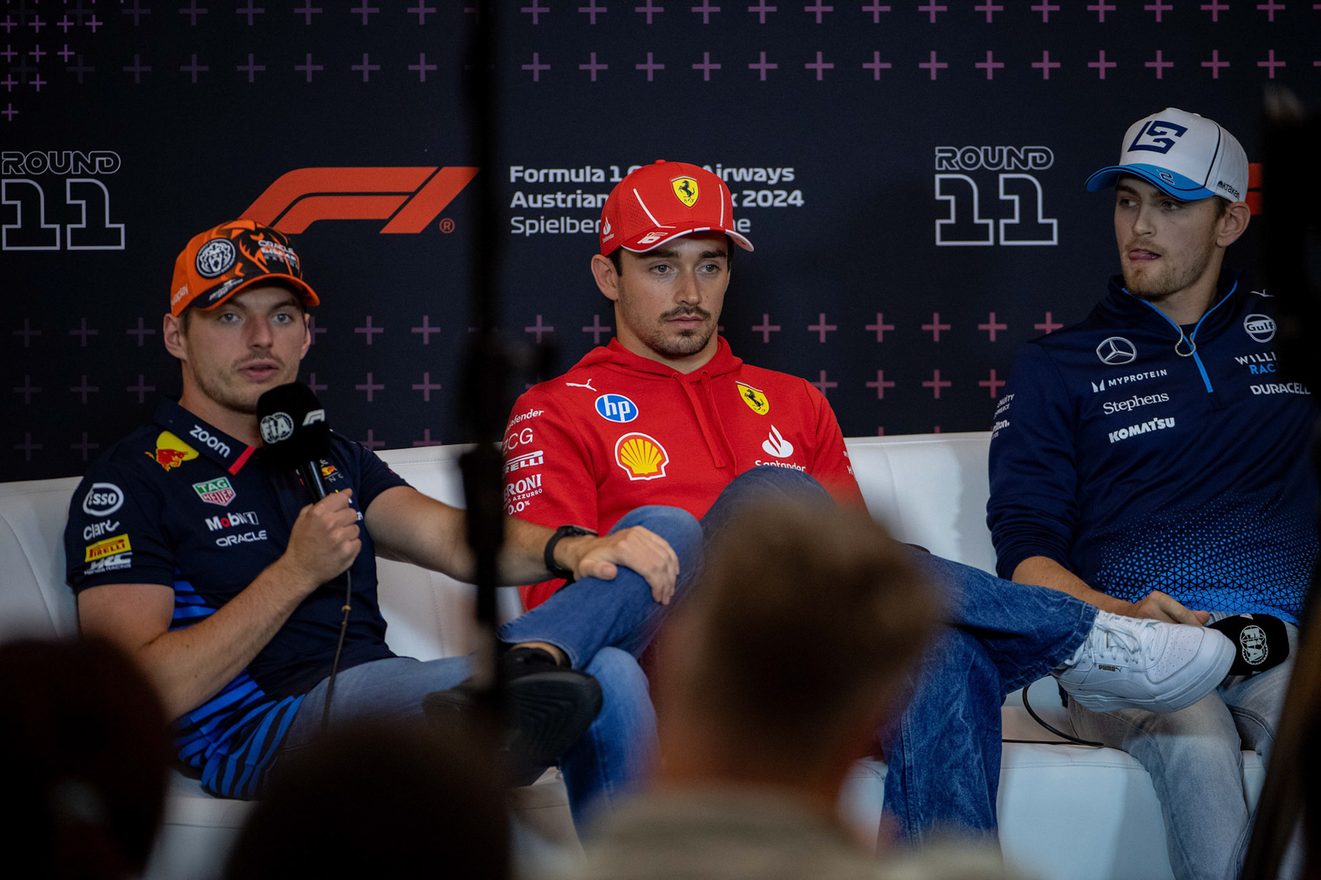 Max Verstappen #1, Oracle Red Bull Racing und Charles Leclerc #16, Scuderia Ferrari und Logan Sargeant #2, Williams Racing;Formel 1 GP Austria / Österreich. Donnerstag, 27.06.2024