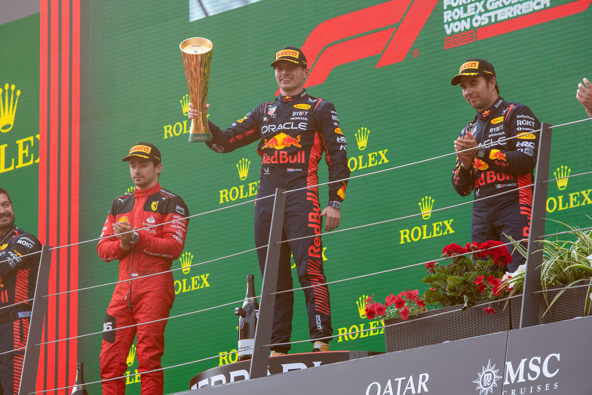 Podium in. Österreich mit Max Verstappen, Sergio Perez und Chales Leclerc; Formel 1 GP Austria / Österreich. Sonntag, 02.07.2023