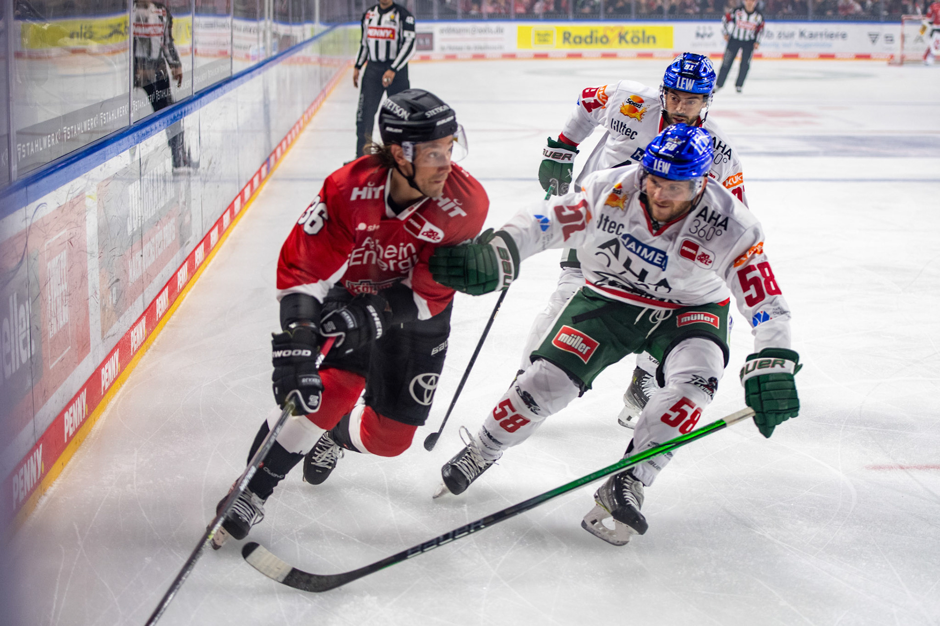 Andreas Thuresson und Maximilian Renner; DEL Kölner Haie - Augsburger Panther, 03.10.2023